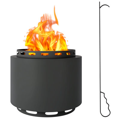 Round Wood Burning Fire Pit, 48.5cm Smokeless Portable Firepit with Poker, Metal, Dark Grey