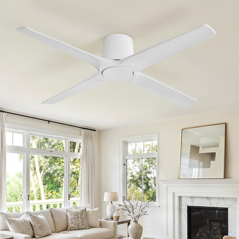 Ventilateur de plafond encastré standard à 4 pales en bois massif avec télécommande, 48, Blanc, Blanc