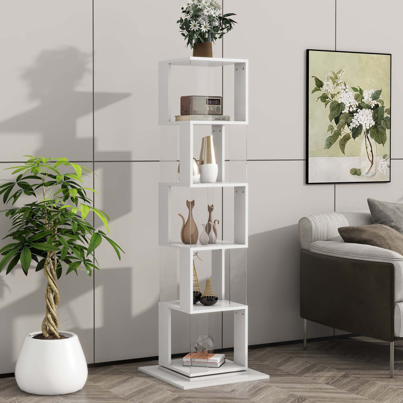 Bibliothèque rotative à 5 niveaux, support de plancher avec plaque en acrylique, Blanc, 63" H x 19.7" W x 19.7" D