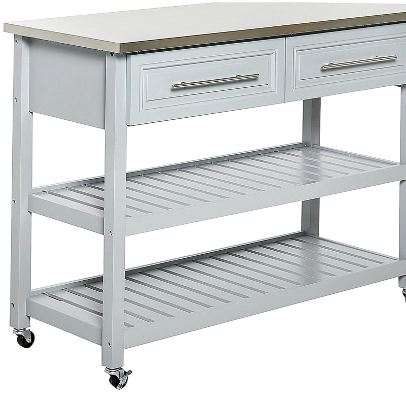 Colonne d'îlot de cuisine en acier inoxydable avec espace de rangement, tablettes de rangement ouvertes à deux couches, tiroirs, gris clair