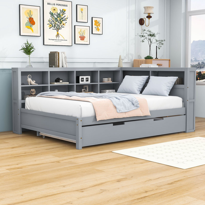 Wood Daybed with Twin Trundle, Shelves and Charging Station, Gray, Full