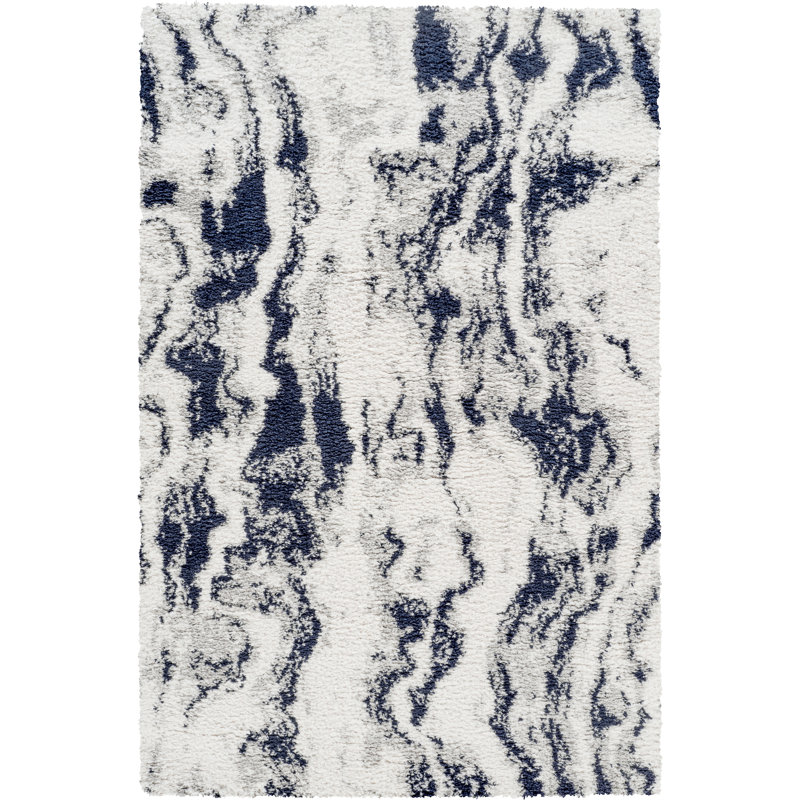 Tapis moderne à poils longs abstraits Nova ivoire et bleu, lavable, Ivoire/bleu, 10 pi 0 po x 14 pi 0 po