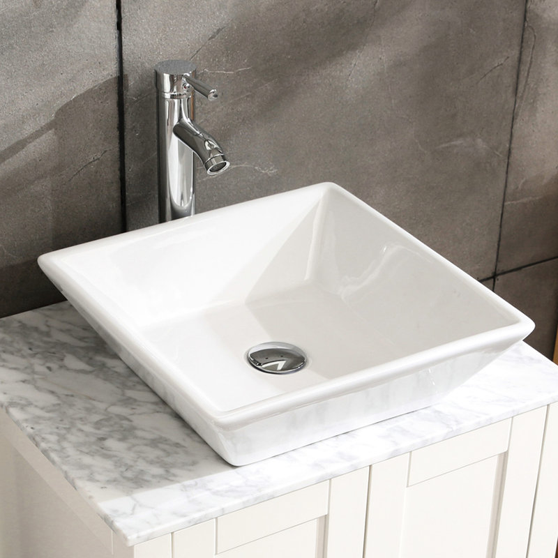 Lavabo de salle de bain carré en céramique 16,5 po, blanc, avec robinet et fonction en acier inoxydable testés fonctionnels