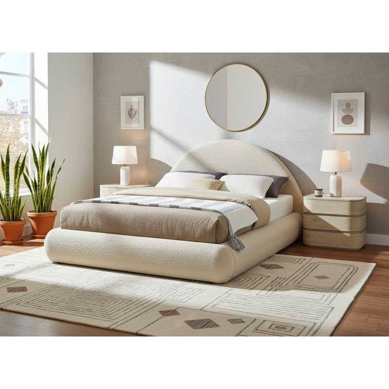 Lit tapissier Rudy, Tissu Teddy imitation peau de mouton beige, Très grand