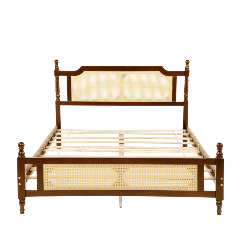 Pine Wood Platform Bed, Bed With Rattan Headboard & Footboard, Central Enhanced Bed Platform Design,No Box Spring Required