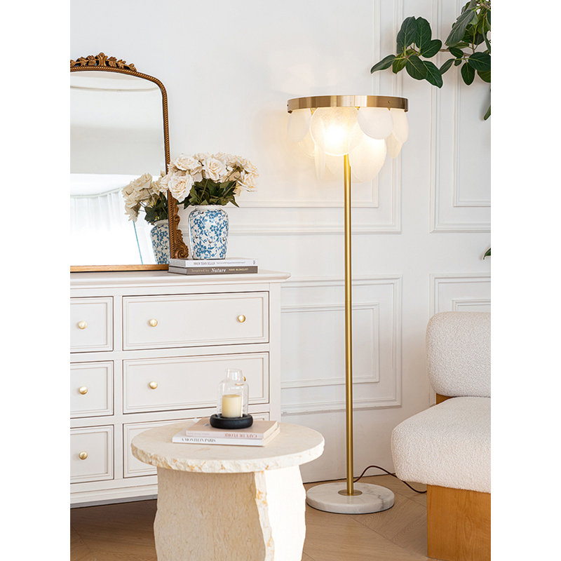 French-Style Glass, Marble & Solid Brass Floor Lamp