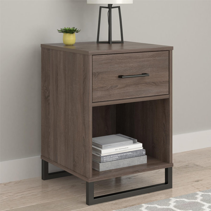 Distressed Gray Oak Nightstand with 1 Drawer and Black Metal Legs