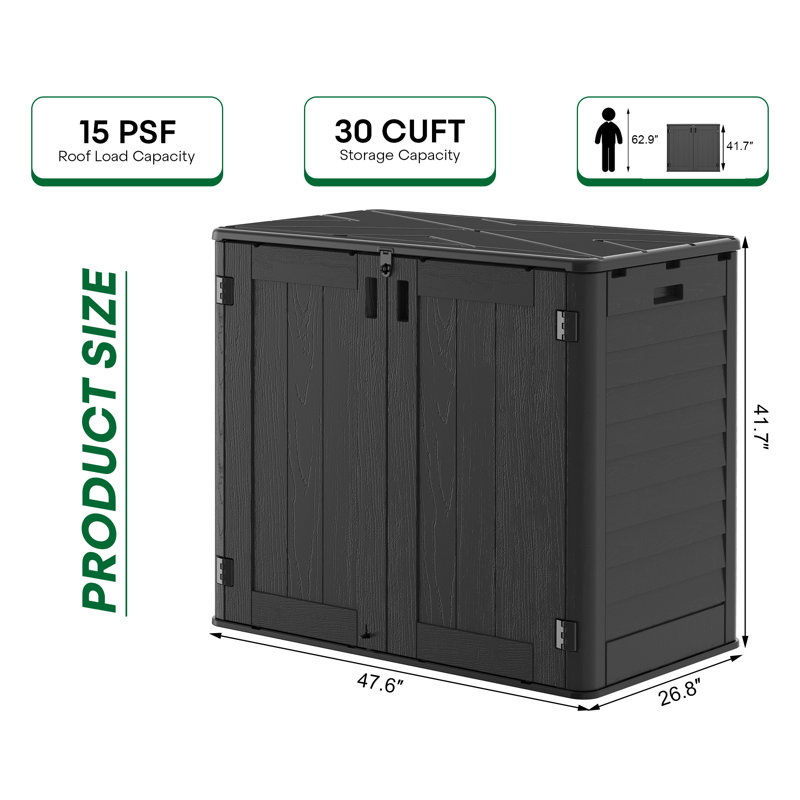 30 Cu.ft. Waterproof Resin Horizontal Outdoor Storage Shed, Pad-lockable Utility Shed For Backyard Use, Black