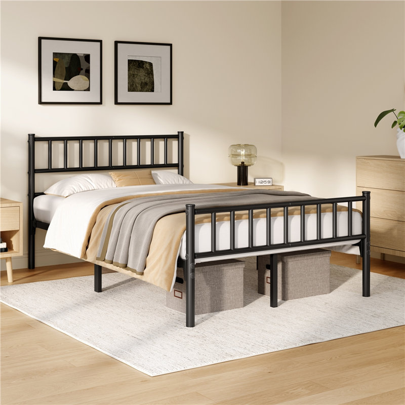 Minimalist Metal Bed Frame with Slatted Headboard, Double (4'), Black