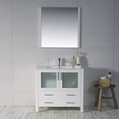 Mance 36 Inch Single Bathroom Vanity with Ceramic Sink Top, Storage Drawers, Soft-Close Doors & Mirror – Modern Bathroom Cabinet for Small & Large Bathrooms