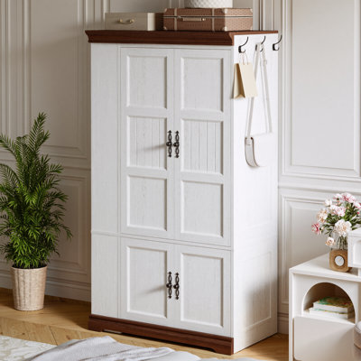 4-door Wardrobe Closet With Side Mirror, 2 Railed Open Storage Shelves, 70” Bedroom Armoire With 3 Hooks & Hanging Rod