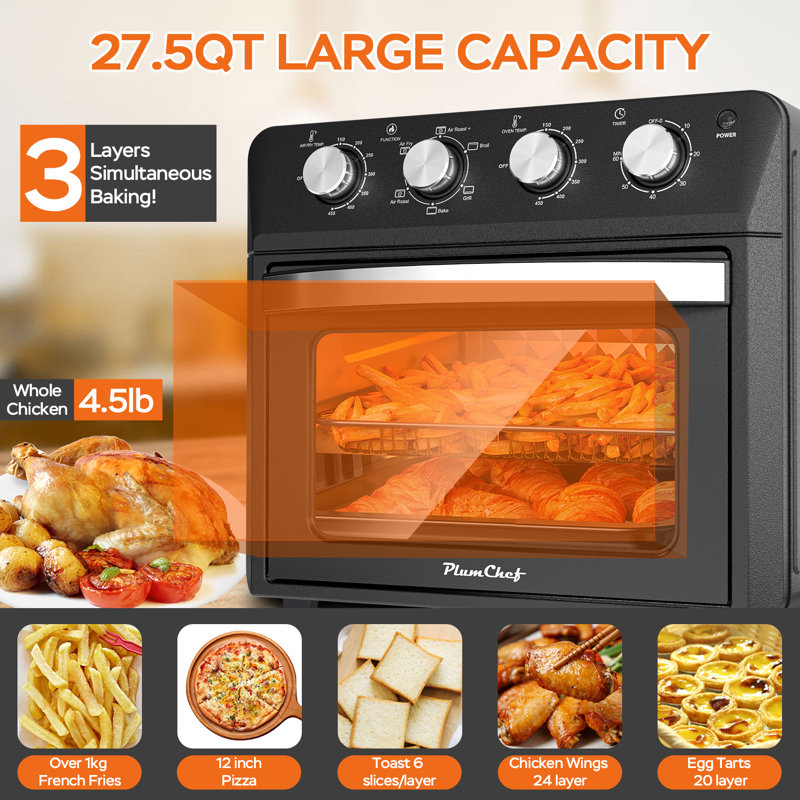 Air Fryer Oven 27.5QT, 6-in-1 Countertop Convection Oven, Air Fry, Bake, Broil, Toast, Warm, Dehydrate, 4 Knob Control, 1600W, Family Size for Crispy Cooking, Black