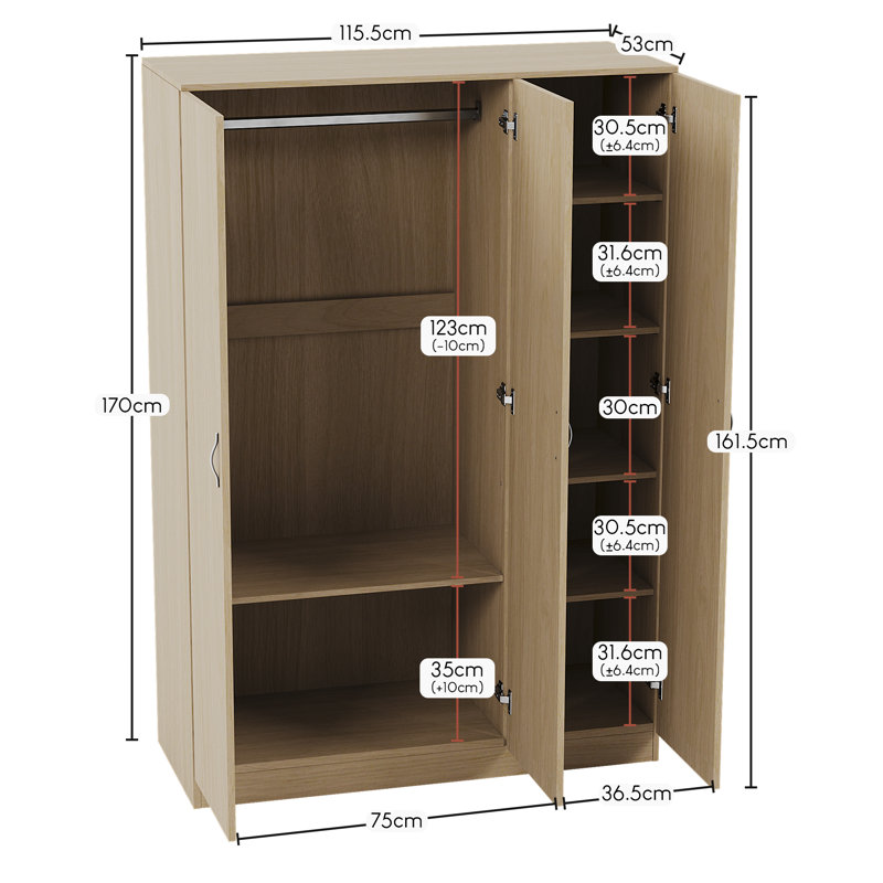 Tayce 4 Piece Bedroom Set (2 Drawer Bedside Chest X2, 5 Drawer Chest, 3 Door Wardrobe), Tan