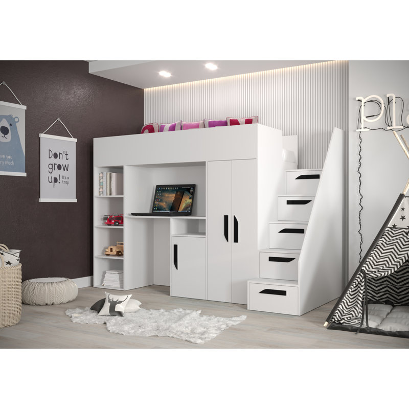 Farrar European Single (90 X 200 Cm) Loft Bed Mate's & Captain's with Storage Included with Desk Included, White/Black