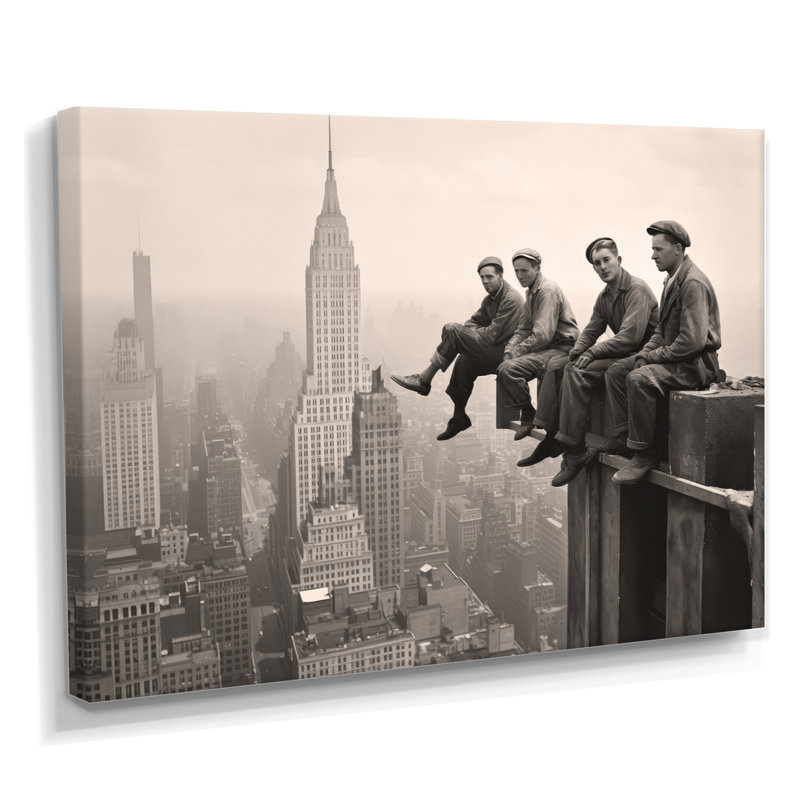 Vintage New York Empire State Building Workers - Print on Canvas, Black Single Picture Framed, 16" H x 32" W x 1" D