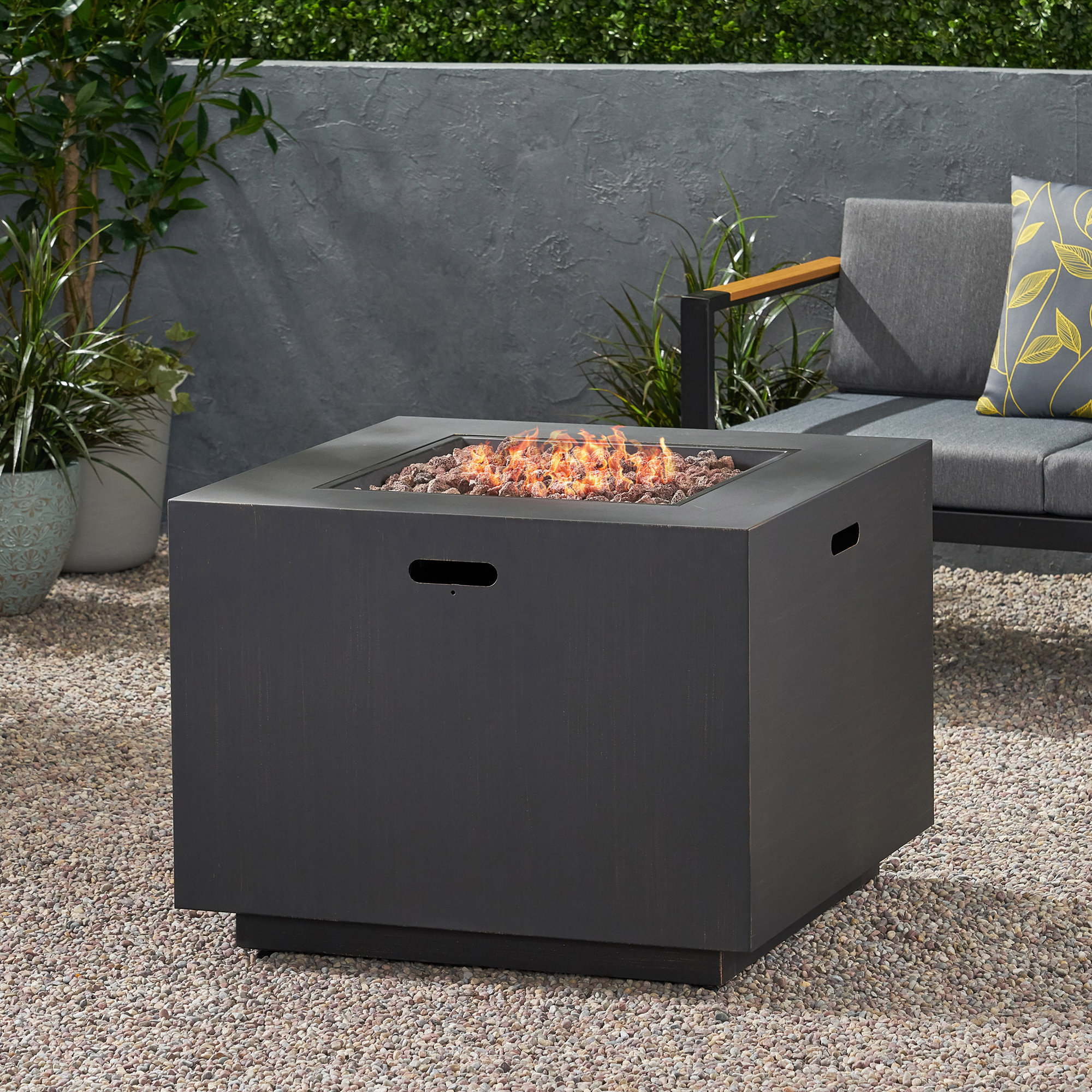 Alsacia Square Concrete Fire Pit Table, Brushed Brown