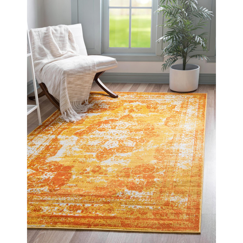 Tapis oriental jaune / orange Brandt, Rectangle 5 pi 3 po x 8 pi