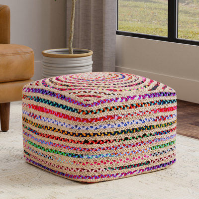 Margo 20"W Upholstered Jute/Cotton Chindi Square Pouf