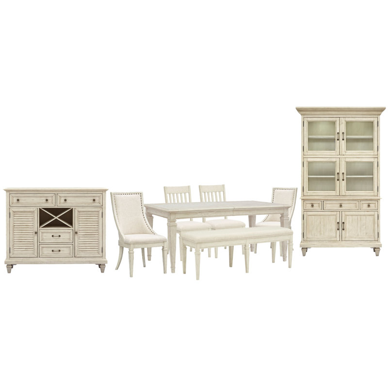 Extendable Rectangular Dining Table With 2 Side Chairs 2 Arm Chairs Bench Server And Dining Cabinet