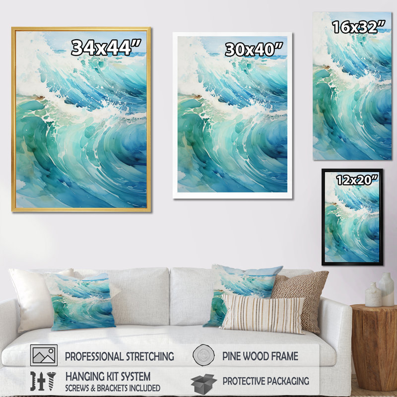 «Isamari Turquoise White Ocean Marine Majesty Mute», reproduction sur toile, H 40 po x l 30 po x P 1,5 po, Cadre photo blanc