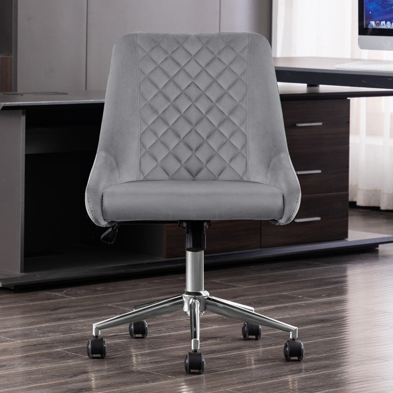 Zurich Velvet Upholstered Diamond Tufted Rolling Office Chair, Chrome, Gray