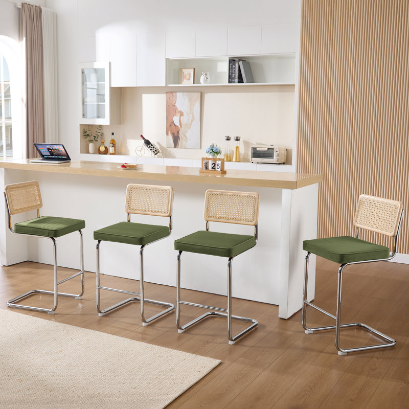 Marlow Upholstered 26" Velvet Counter Stool With Rattan Cane Back And Metal Frame, Olive Green Velvet/ Chrome Frame, 4
