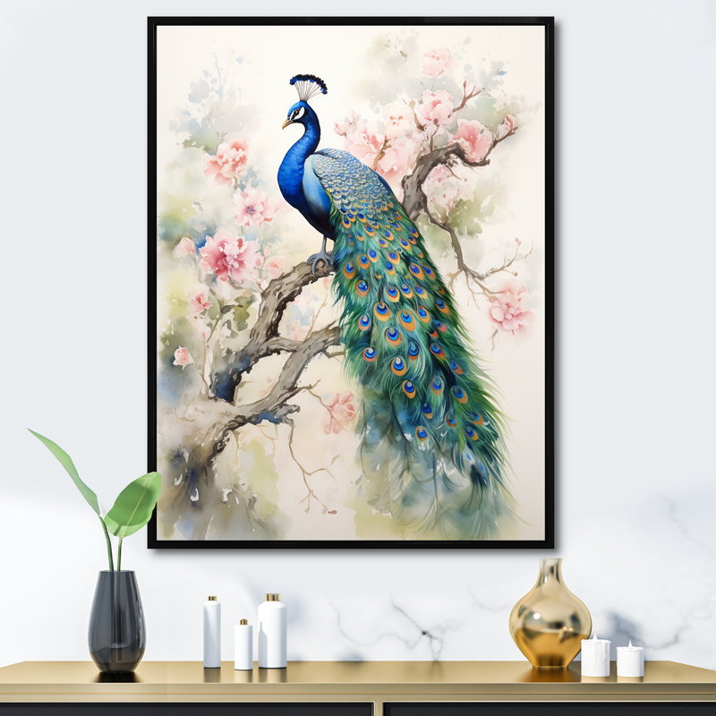 «Badrulla Blue Ink Wash Peacock I», reproduction d'art sur toile, H 32 po x l 24 po, Cadre flottant noir