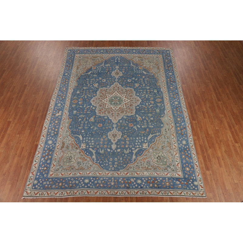 Tapis traditionnel floral fait à la main bleu 9 x 12