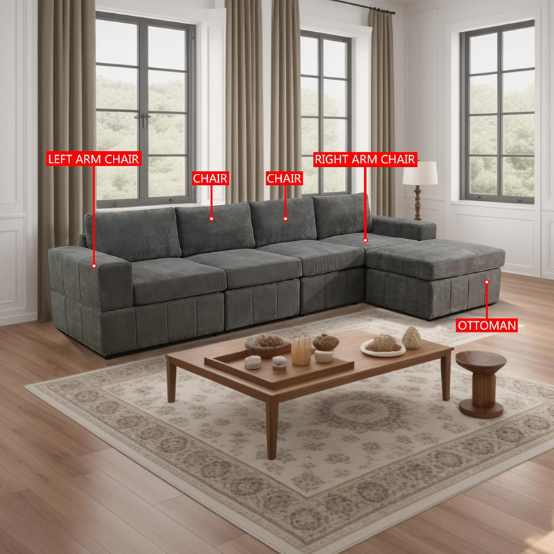 130" Wide Microfiber Sofa With Ottoman, 36" H x 130" W x 22" D