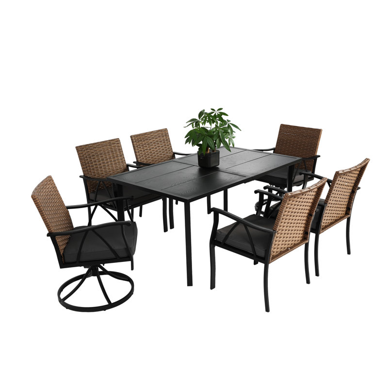 Outdoor Patio Table And Chairs 7 Piece,Steel Construction, Chairs,Brown/Grey Dining Piece,Soft Cushions Steel Table,Brown/Grey
