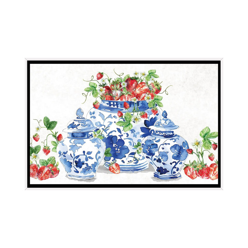 Ginger Jars And Strawberries - reproduction d'art murale - toile encadrée, 48" x 32", Framed Canvas, White