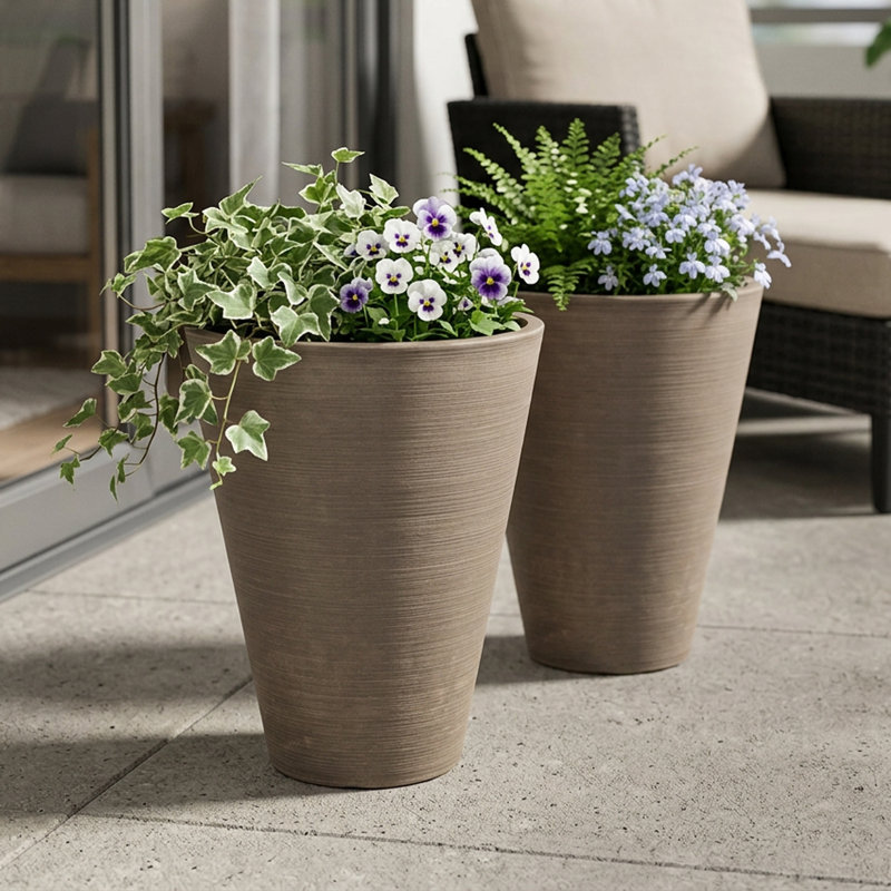 Bayley 13" Round Tapered Planter, Set of 2, Taupe