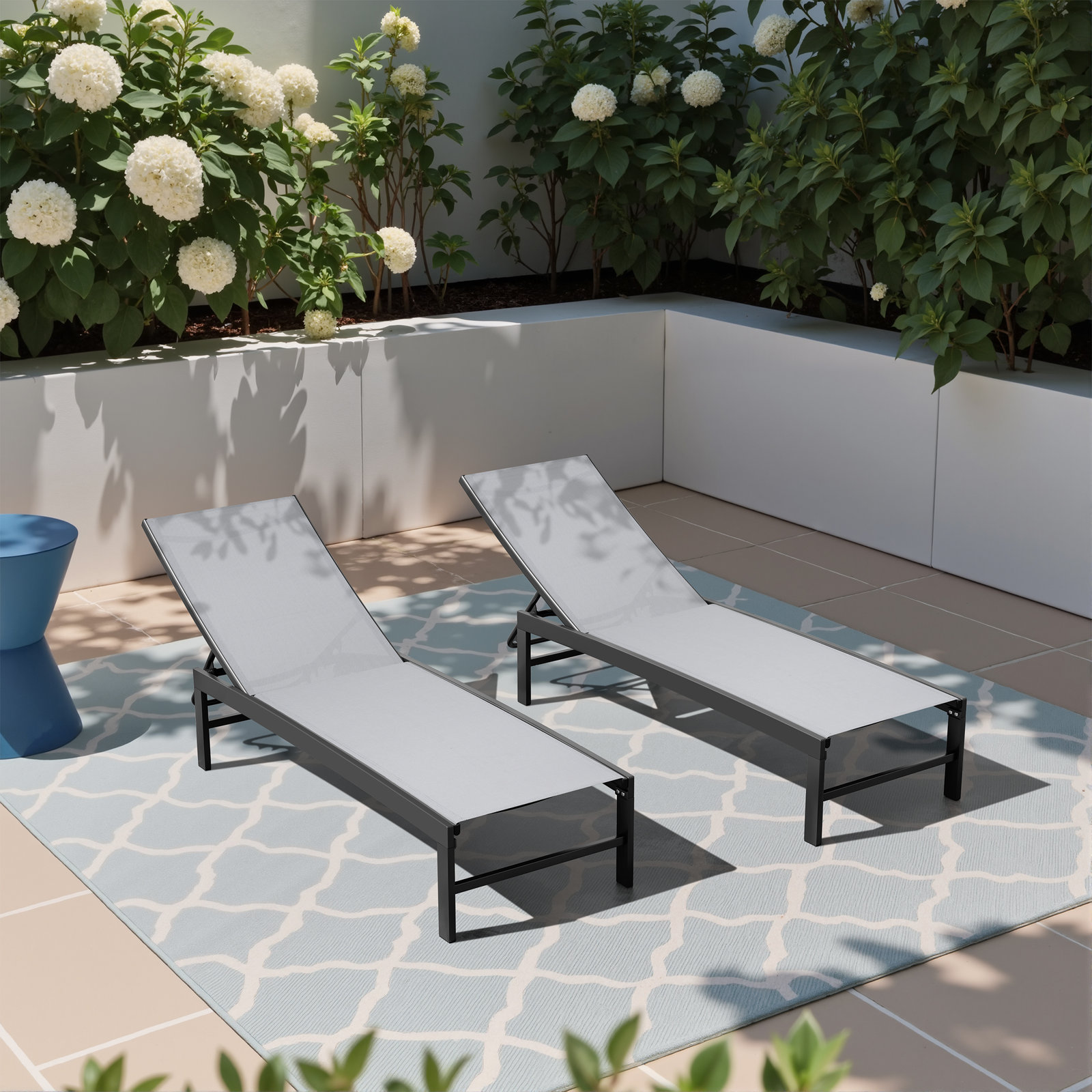 22" Patio Chaise Lounge Set, The Gray Mesh/Black Frame