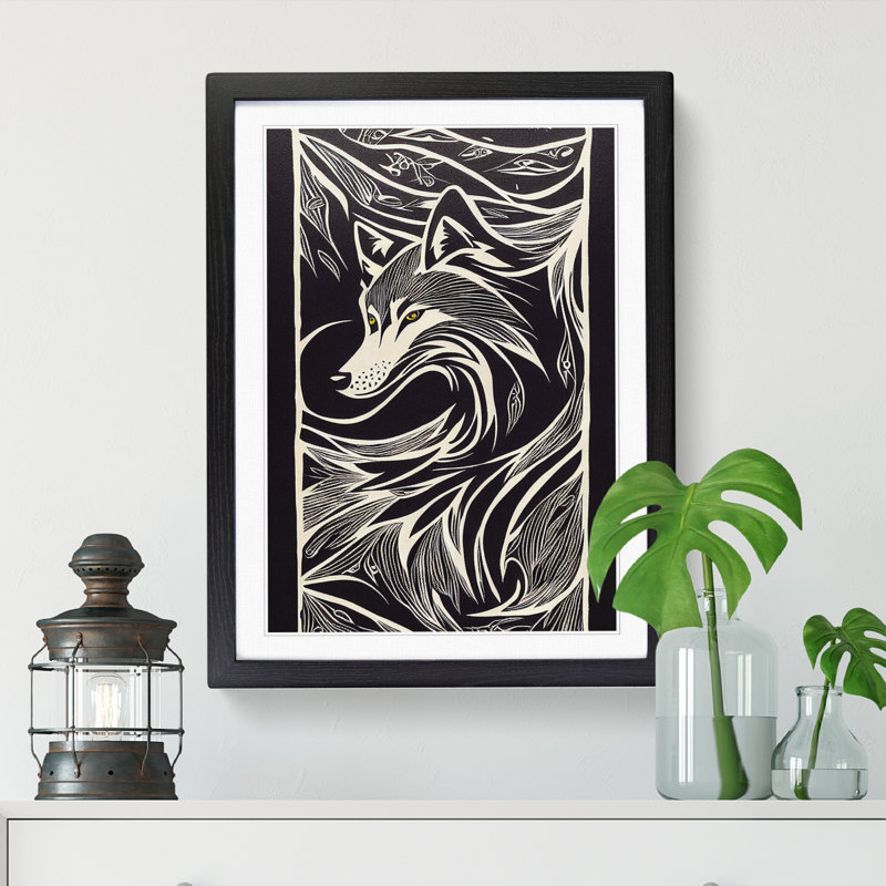 FRM-V0523-2924X Wolf Sgraffito - Single Picture Frame Print, Black, 64cm H x 46cm W x 2cm D