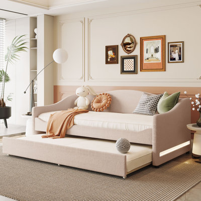 Modern Embossed Striped Daybed With Twin Trundle Bed, App Control Led Light Bed Frame, Space-Saving Guest Sleeping Bed Mattress Not Included-Beige