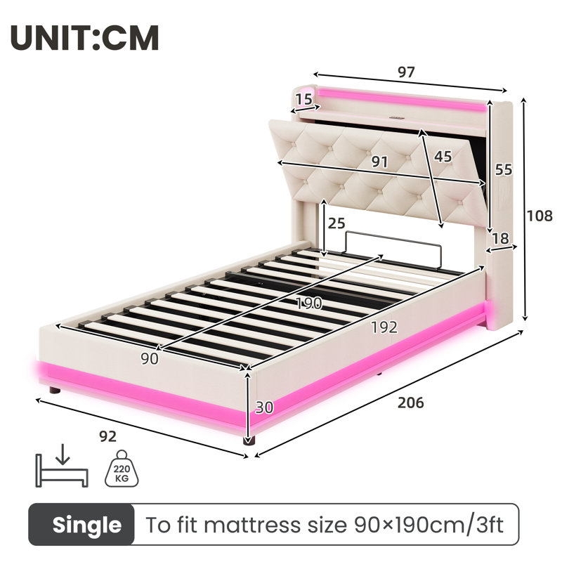 Upholstered Ottoman Storage Bed, Single (3'), Beige