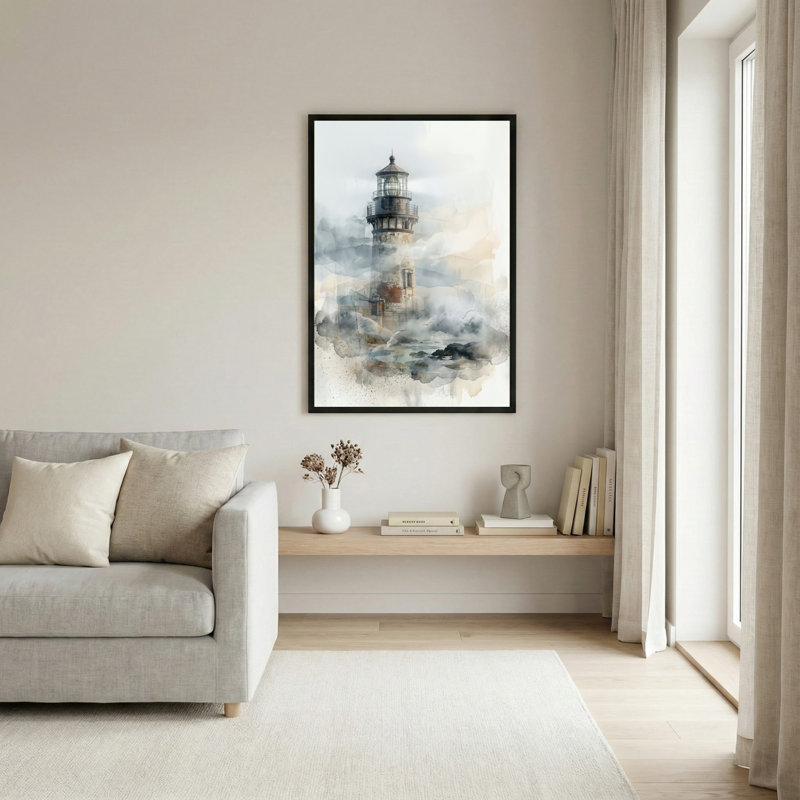 Art mural sur toile noir encadré pour le salon, la chambre à coucher, le bureau ou le vestibule - décoration murale décorative avec brume de phare