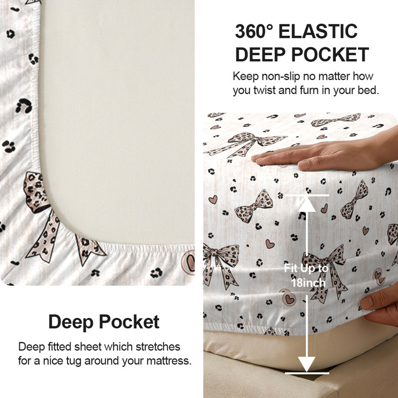 Sheet Set, Twin Sheet Set with 1 Pillowcase, Leopard Print Bow