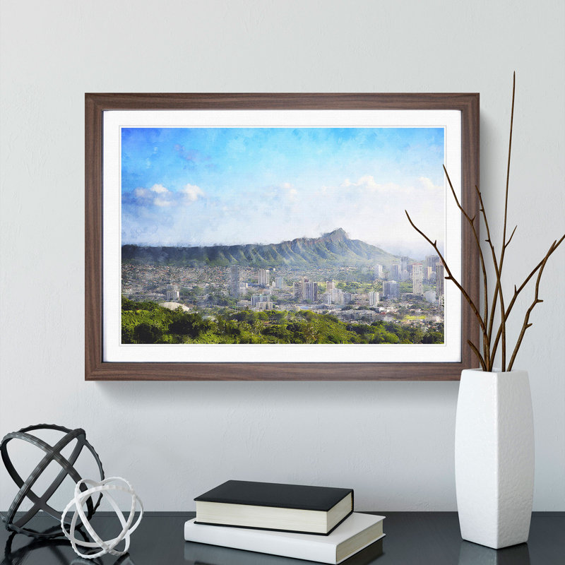 Honolulu Oahu Skyline in Hawaii - Picture Frame Painting, Walnut Framed, 48cm H x 65cm W x 2cm D
