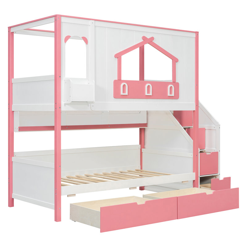 Lit superposé pour enfants Nestle Playhouse avec escalier de rangement et tiroirs, Twin, Rose