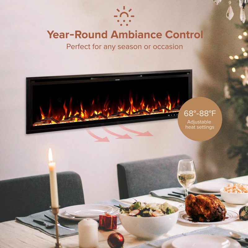 Aerus 60" Recessed or Wall Mounted Electric Fireplace, Alexa or Google Home Compatible, Logs & Crystals, Remote Control