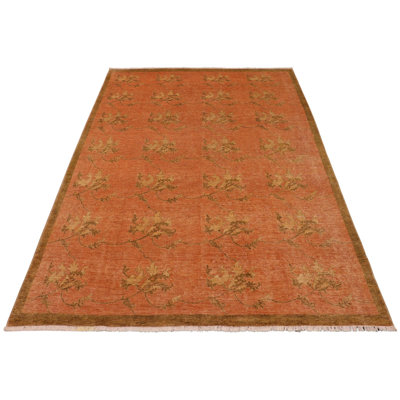 Tapis rouille / jaune en laine noué à la main à motif floral 8 pi 11 po x 11 pi 11 po Fabia