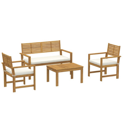 4 Seater Cream Acacia Wood Garden Sofa Set with Loveseat, 2 Armchairs and Slatted Coffee Table