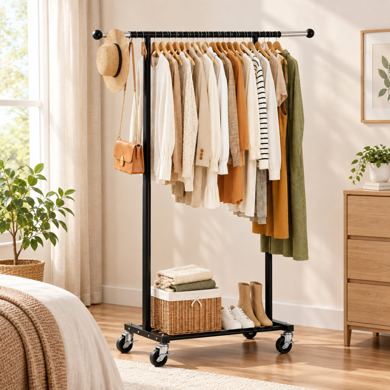Porte-vêtements ajustable en métal 51 "avec roulettes et roulettes, convient aux appartements, noir