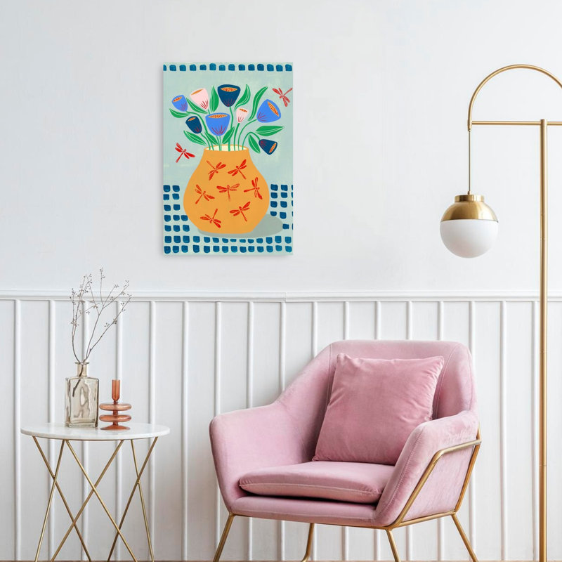 Whimsical Dragonfly Vase Colorful Playful Vibrant Dragonfly Flower Nature Wall Art Print by Sara Coulter - Wrapped Canvas Print