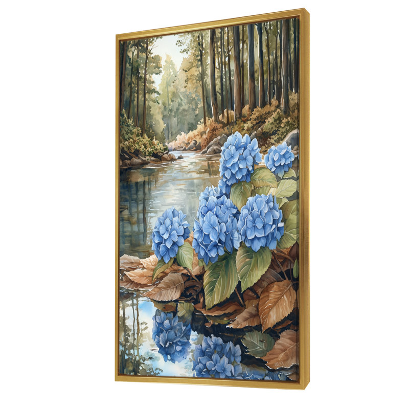 Hydrangées par la rivière Forest II - hydrangées, art mural, H 60 po x l 28 po, Reproduction avec cadre flottant, Doré