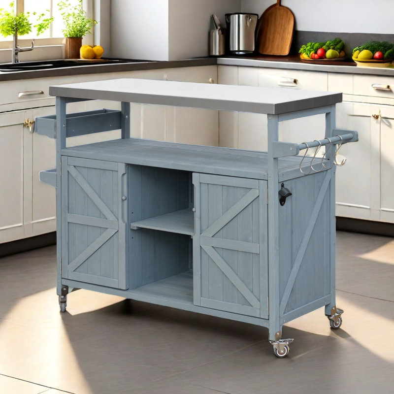50.2" W Solid Wood Kitchen Island with Stainless Top, Gray Blue