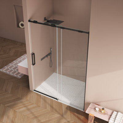 HIGEINE Porte de douche coulissante simple sans cadre H 56 po x l 60 po x H 74 po avec verre trempé 5/16 po, acier inoxydable 304 avec finition noir mat