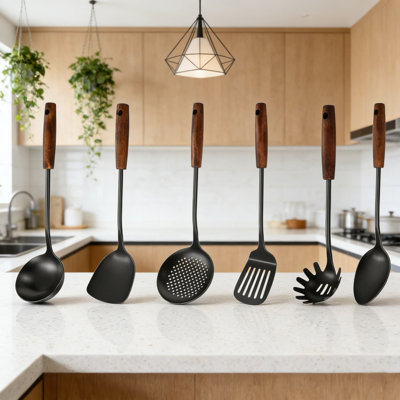 6-Piece Stainless Steel Kitchen Utensil Set With Wooden Handle, Professional Grade 304 Cookware Tools, Heat Resistant, Dishwasher Safe For Easy Cleani
