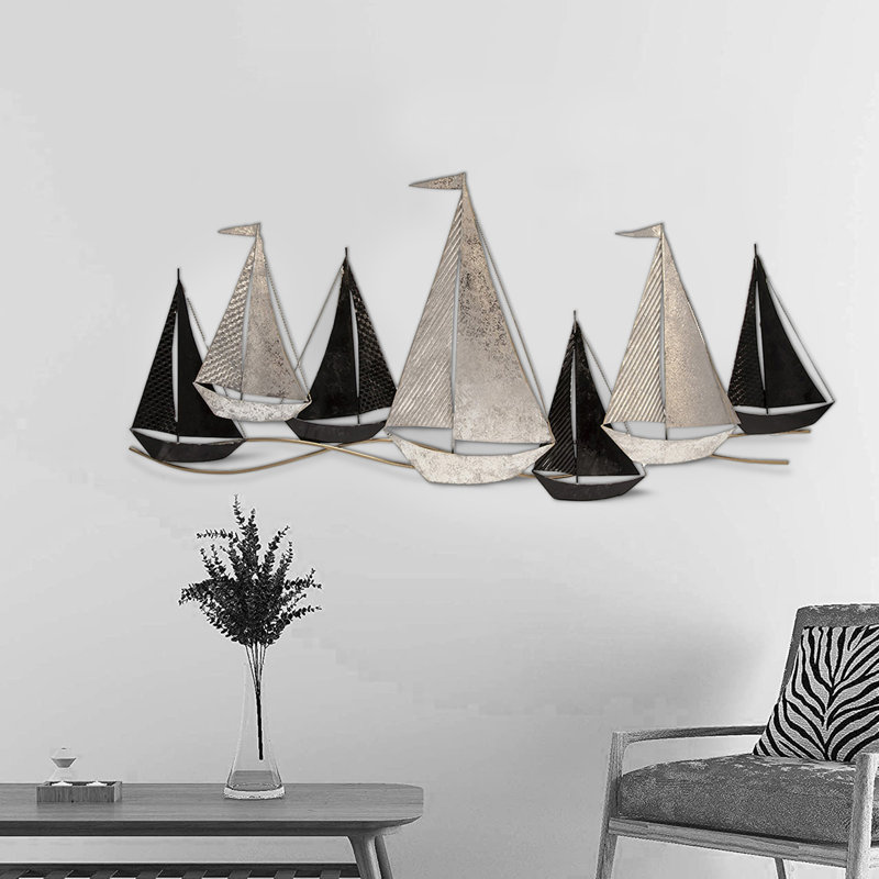 Wall Decor with Metal Sailboats, Black and Silver
